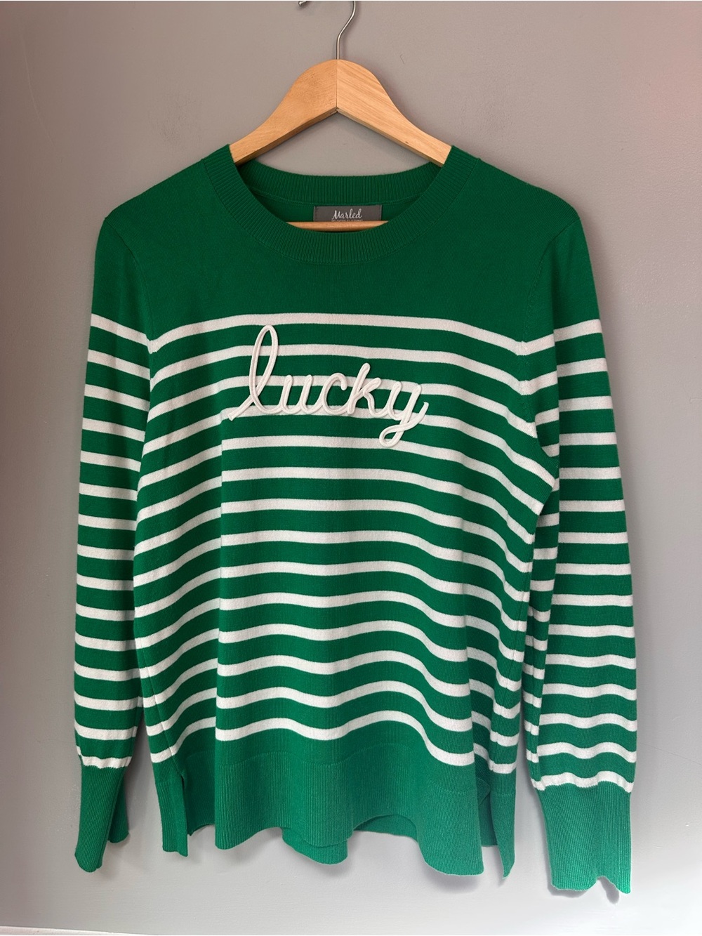 Marled Lucky Green & White Striped Sweater Size L